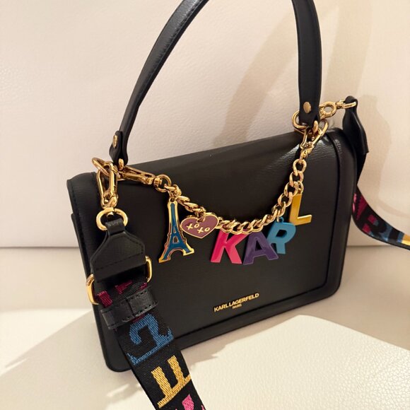 NWT KARL LAGERFELD SIMONE CHARM LOGO SHOULDER BAG CROSSBODY SATCHEL BLACK - Picture 3 of 8